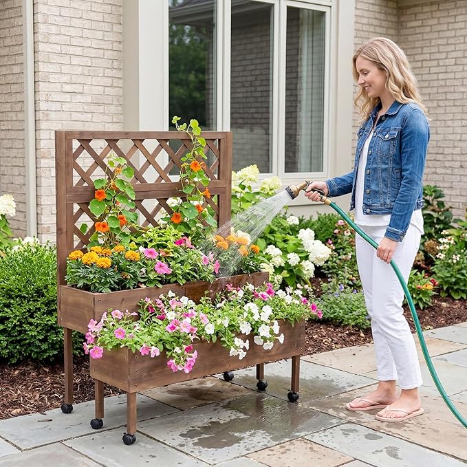 Garvee Raised Garden Bed with Trellis & Wheels, 2-Tier Outdoor Wooden Elevated Planter Box with Legs & Drainage Holes, Vertical Planter Box Stand for Backyard, Patio, Balcony, Brown