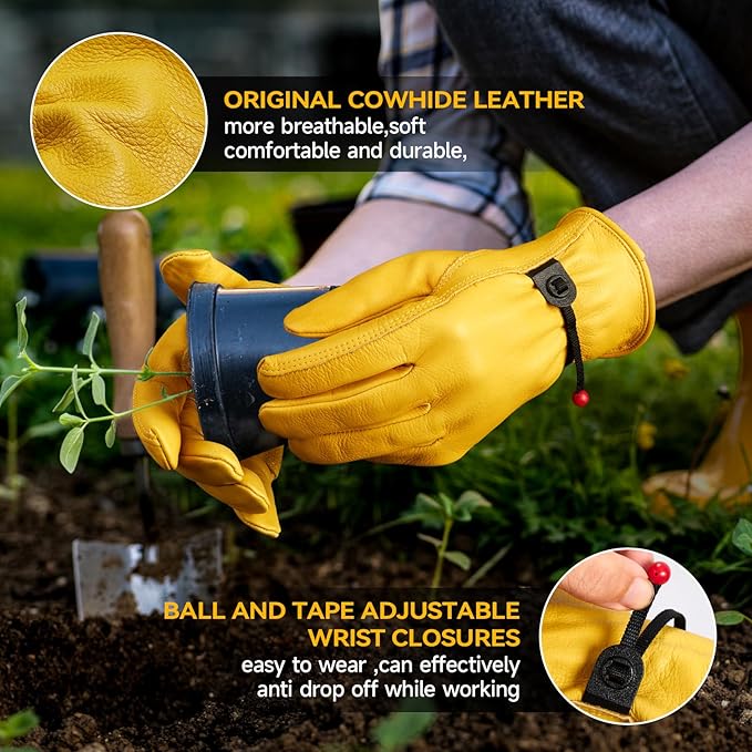 OZERO Leather Work Gloves for Men: Large 1 Pair Cowhide Working Gloves for Driving Heavy Duty Mechanic Ranch - Women Gardening Glove