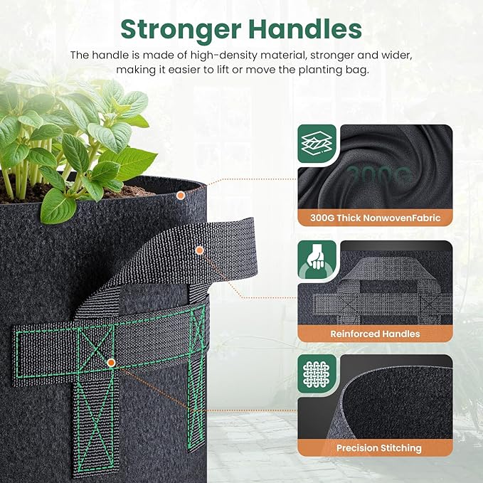 Jorvila 5 Pack 5 Gallon Grow Bags, Thickened Nonwoven Fabric Planter Pots with Handles, Heavy Duty 300G Garden Pots for Tomato, Potato and Vegetable