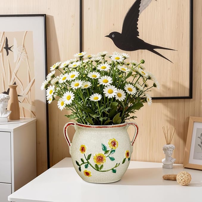 EFISPSS 6 Inch Vintage Ceramic Flower Pot with Relief Design & Handles,Ceramic Cracked Flower Pot with Drainage Hole for Indoor Plants,Tuscan Home Garden Decor (Living Room,Gift Ideas)