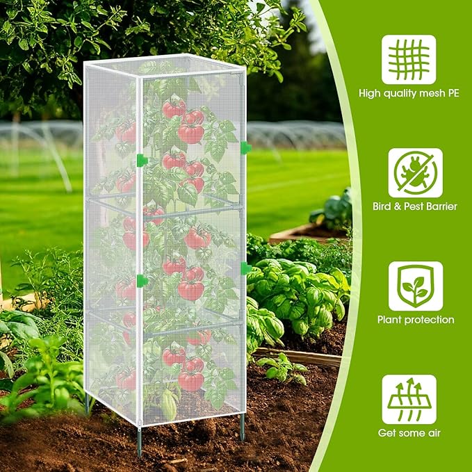 3Pack Garden Bird Netting Plant Cover for Square Tomato Cage,59"x17.7" Insect Bird Barrier Tomato Cage Net with Zipper&12pcs Clips,Tomato Trellis Netting Protection Mesh Cover for Protecting Plants
