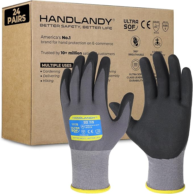 HANDLANDY 6 Pairs Safety Work Gloves with MicroFoam Nitrile Coated - Breathable Nylon Gloves with Grip for Men & Women