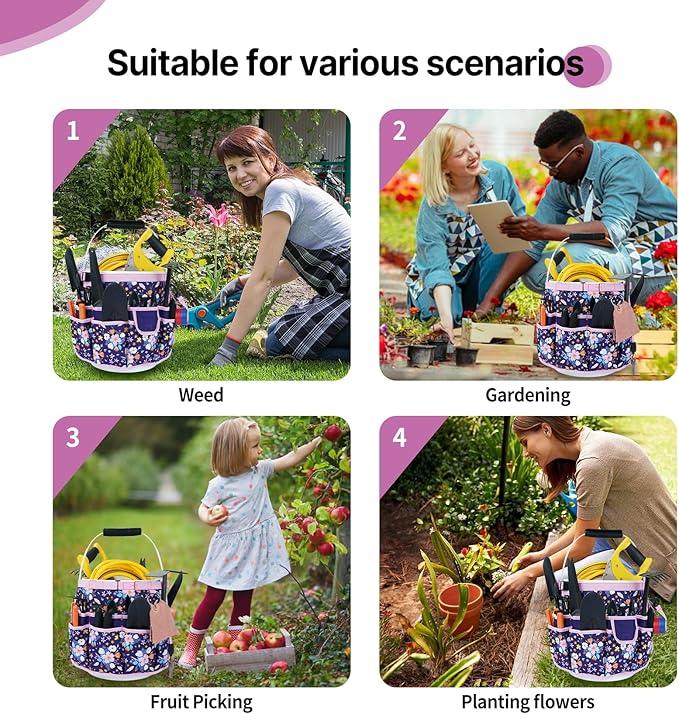 MELOTOUGH Bucket Caddy Organizer Bucket Tool Organizer for Garden Tools Fit 3.5 to 5 Gallon Bucket (Purple Flower)