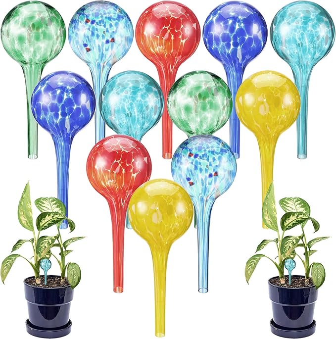 Eccliy 12 Pcs Automatic Plant Watering Globes Glass Self Watering Bulbs Decorative Garden Waterer Cans Glass Drip Ball for Indoor Outdoor Plants Flower Irrigation