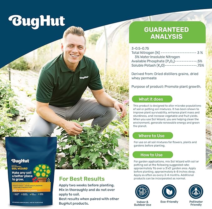 BugHut Soil Wizard Organic Soil Amendment – All Purpose Plant Food for Houseplants, Vegetables, Flowers, and Herbs - Chemical-Free Nutrient Source for Indoor & Outdoor Gardens - 8 lbs.
