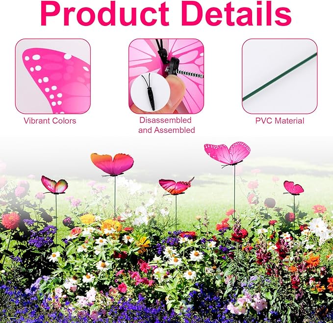 12pcs Decorative Butterfly Plant Stakes, 9.8in Lifelike Butterfly Garden Stakes PVC Waterproof Flower Pot Decorations for Garden Lawn Patio Indoor Outdoor Yard Planter Art Decor (Pink)