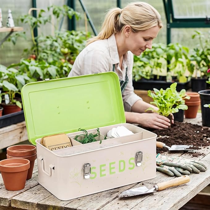 Seed Storage Organizer with Lid, Metal Seed Bin Seed Packet Container with 100 Plant Labels 50 Seed Envelopes 50 Plant Clips 1 Marker Pen, 4 Compartments Box with Locks (Fruit green)