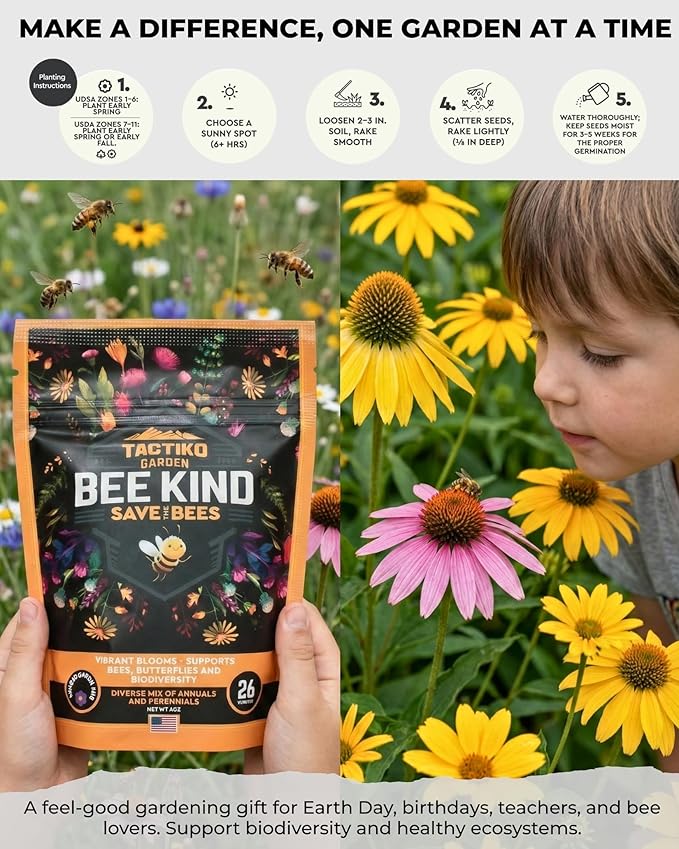 Tactiko Garden 26 Wildflower Seeds Mix, 120,000+ 4 oz Save The Bees Wildflower Garden Seeds, Annual & Perennial Pollinator Seeds to Attract Bees, Butterflies & Hummingbirds, Up to 600 sq ft Coverage