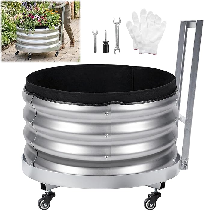 Galvanized Metal Raised Garden Bed Outdoor with Wheels, Planters Box for Outdoor Plants with Geotextile Grow Bag & Plastic Tray Pad, for Vegetables/Herbs/Flowers, 24" X 11.5"