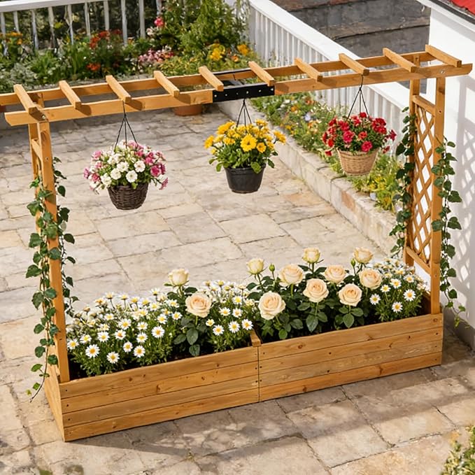 VINGLI Raised Garden Bed with Trellis & Hanging Roof, Wooden Garden Bed, Outdoor Planter Box for Yard, Garden, Balcony (Teak Color, Wider)