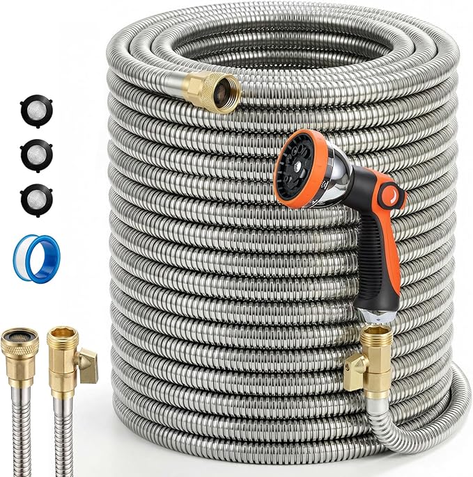 Garden Hose, 100ft 5/8" Stainless Steel Water Hose w/ 10-Mode Spray Nozzle, On/Off Valve, 523 PSI Burst, Anti-Kink, Lightweight All-Weather Flexible, Leakproof 3/4" Brass Male to Female Fittings