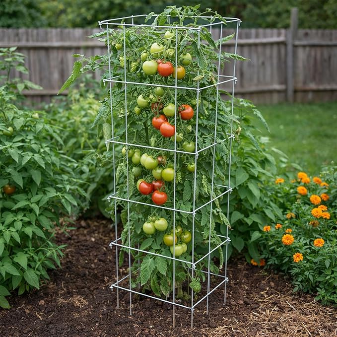 Garden Elements Square Tomato Cage, 48 Inch (Pack of 3) - Heavy Duty Galvanized Steel Plant Support, Collapsible Garden Trellis with 8-Leg Stability for Climbing Vegetables & Vines