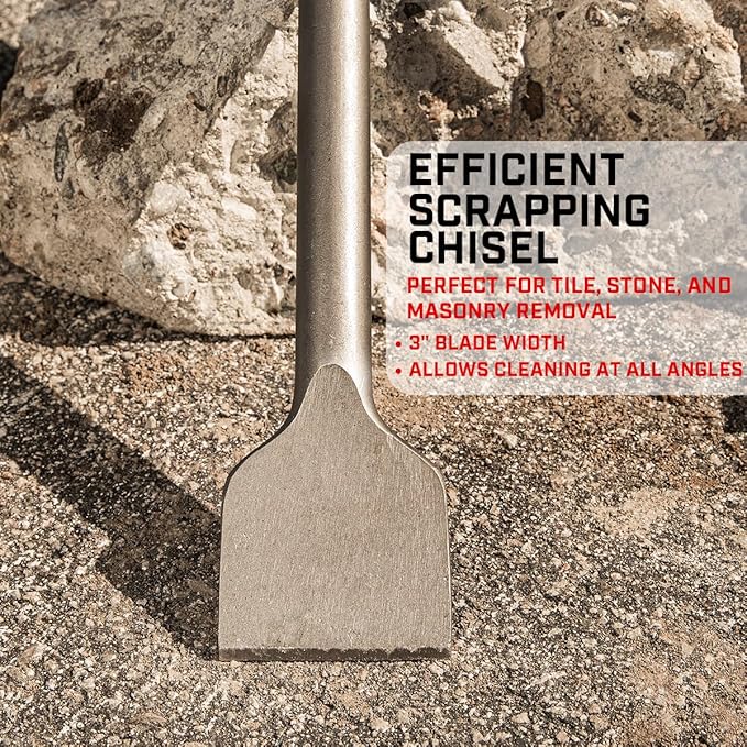 XtremepowerUS Wide Tile Chisel Bit for Demolition Jack Hammer 1-1/8" Hex 3" x 12" Long Flat Removal Chisel Scraping Construction Concrete Breaker Punch Drill