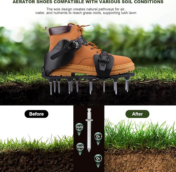 Lawn Aerator Shoes Heavy-Duty Spiked Sandals with Stainless Steel Spikes, Adjustable Loop Straps for Grass Aeration on Patio, Yard, Garden – Black