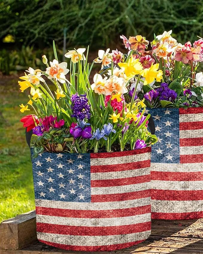10 Gallon Grow Bags Planter Bag, Independence Day Vintage USA Flag Red Stripe Fabric Plant Pots with Handle,Flower Grow Bag for Vegetable Potato Tomato, Patriotic Star on Blue Gardening Bags