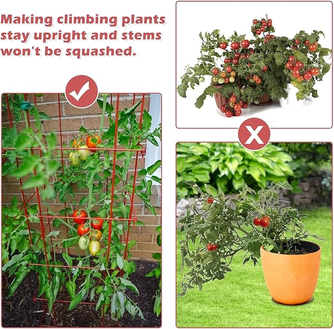 DoCred 4 Pack Tomato Cage, Folding Tomato Cage Heavy Duty Metal Square Tomato Cages Coated Steel Garden Plant Support Stake Tower for Climbing Vegetables, Plants, Flowers, Steel Red