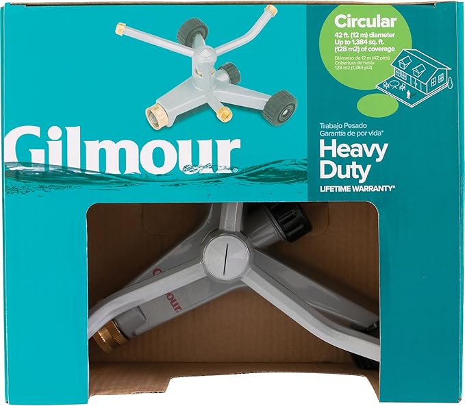 Gilmour Heavy Duty 692 Sq Ft Spinning Sprinkler with Wheeled Base, Metal Whirling Sprinkler Head for 360 Degree Coverage in Flower Beds and Vegetable Gardens