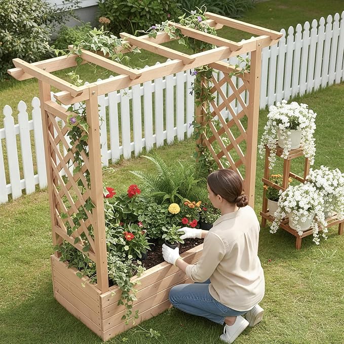 VINGLI Raised Garden Bed with Trellis & Hanging Roof, Wooden Garden Bed, Outdoor Planter Box for Yard, Garden, Balcony (Natural Wood Color, Medium)