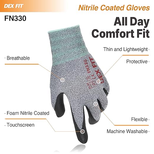 DEX FIT Nitrile Work Gloves FN330, 1 Pair, 3D-Comfort Stretchy Fit, Firm Grip, Thin & Lightweight, Touch-Screen Compatible, Durable, Breathable & Cool, Machine Washable; Grey L (9)
