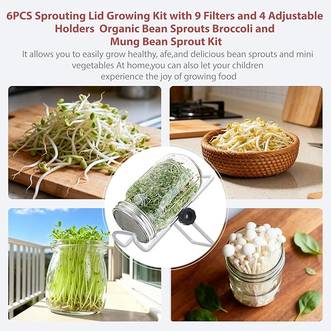 Seed Sprouting Jar Lid Kit with 9 Pack Stainless steel filter sheet and 4 Pack Stainless Steel Sprouting Stands for 86mm Wide Mouth Mason Jars for Growing Organic Sprouts 316 Stainless Steel（6 Pack）