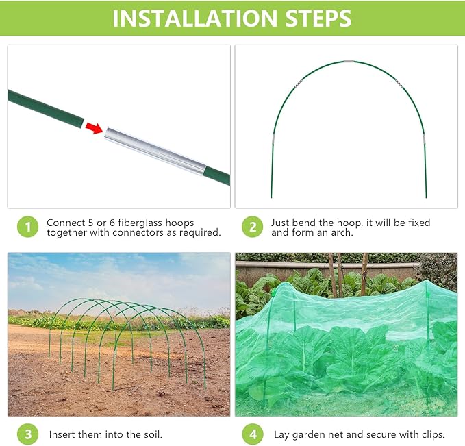 Garden Mesh Netting Kit, 10x30FT Green Ultra Fine Mesh Netting ＆6 Sets of 8FT Fiberglass Garden Hoops for Raised Beds, Insect Netting Row Cover Net Protect Plants Vegetable Fruits Flowers