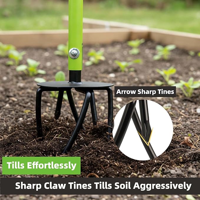 Hand Tiller Cultivator, Manual Twist Tiller with Sharp Arrow Tines, Extra-Wide Foot Plate Tills Effortlessly, Manual Tiller for Gardening, Soil Loosening, Flower Beds & Raised Beds