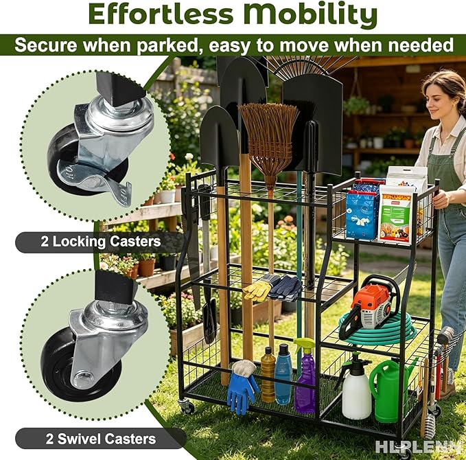 Garden Tool Organizer, Garden Tool Organizer Stand with Lockable Wheels, Metal Yard Tool Storage Rack for Long Handled Tools, Shovels & Rakes, Rustproof Tool Holder for Shed or Basement