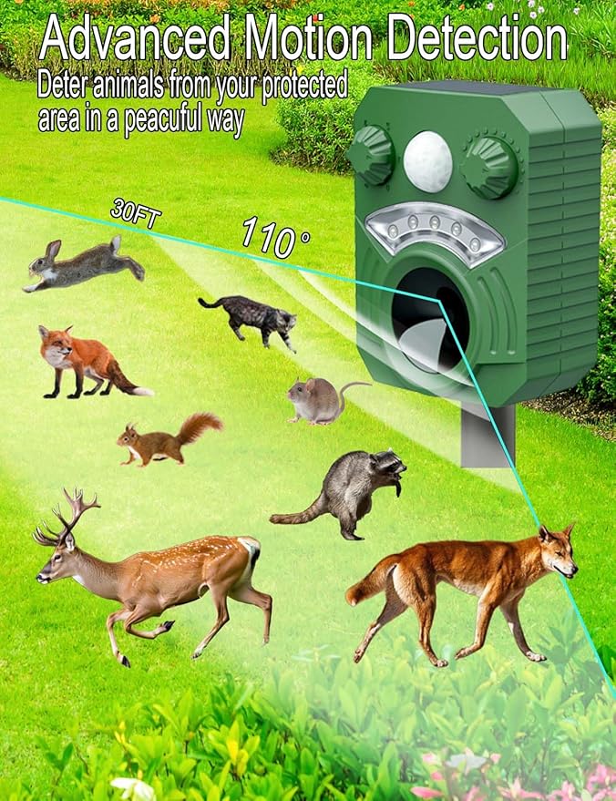 Ultrasonic Cat Repellent Outdoor Squirrel Deterrent with Motion Sensor LED Flash Light, Deer Raccoon Skunk Rabbit Coyote Armadillo Possum Fox Pest Animal Scare Away for Patio Lawn Garden Yard