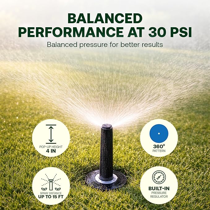 Rain Bird 1804QDPRS Pressure Regulated 1800 Series Dual Spray 4 in Pop Up Sprinkler Head, 4 Pack -Water Efficient Lawn Sprinkler with 90 Degree Quarter Pattern, 1/2 in NPT, Up to 15 Ft Spray Distance