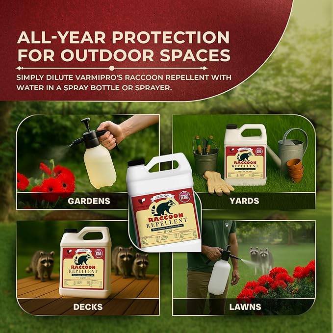 VarmiPro Raccoon Repellent Spray Concentrate - 32 fl oz Natural Outdoor Raccoon Deterrent for Yard, Garden, Lawn, Trees, and Plants - Safe for Pets, Animals, Flowers, Shrubs, and Flower Beds