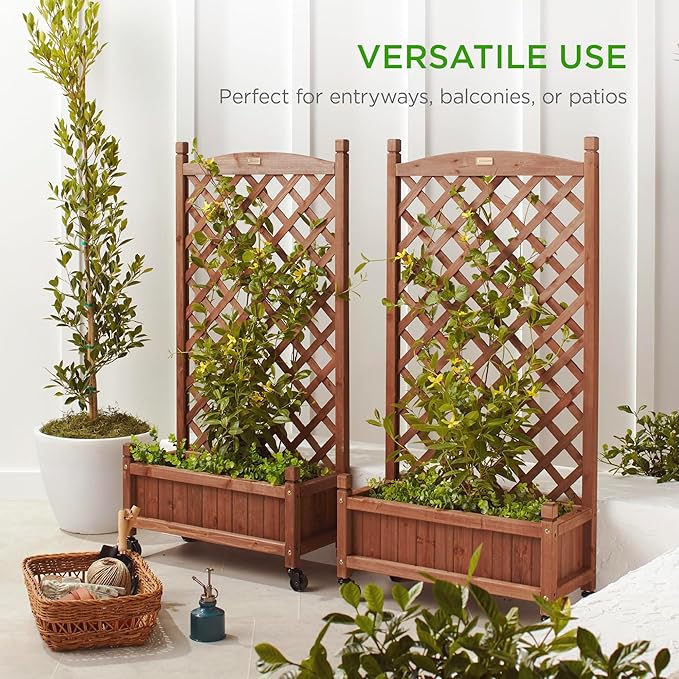 Best Choice Products Set of 2 48in Wood Planter Box & Diamond Lattice Trellis, Mobile Outdoor Raised Garden Bed for Climbing Plants w/Drainage Holes, Optional Wheels - Walnut