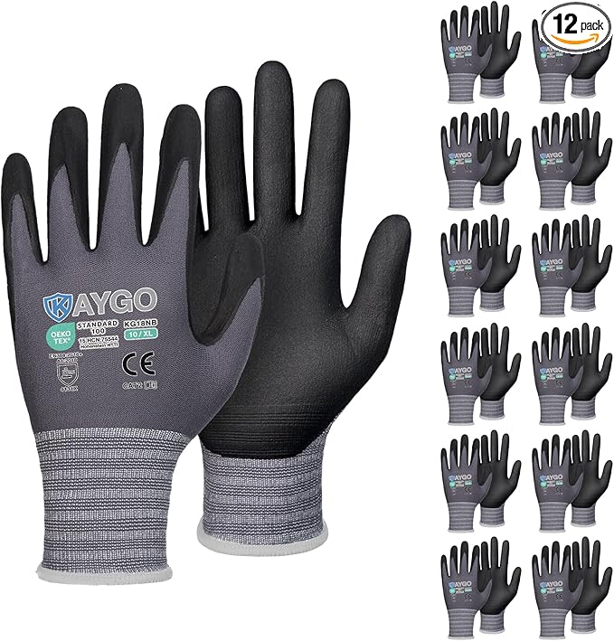 KAYGO Safety Work Gloves MicroFoam Nitrile Coated, 12 Pairs KG18NB,Seamless Knit Nylon Glove for Men and Women, Ideal for Automotive,Warehouse,Construction (X-Large,Gray)