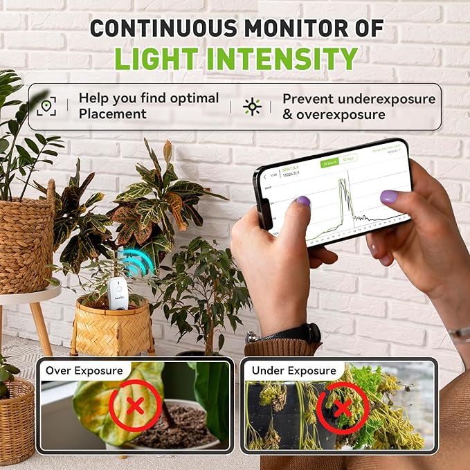 RainPoint 3-in-1 APP Remote Monitoring WiFi Soil Meter for Plant Indoor/Outdoor, Moisture/Air Temperature/Light Intensity Monitor and Custom Alert, IP66 Waterproof Wireless Sensor, 2.4GHz WiFi Support