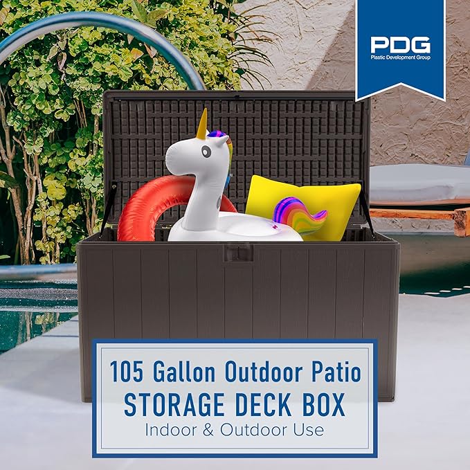 Plastic Development Group Outdoor Storage Deck Box, Standard Close, 105 Gallon, Driftwood