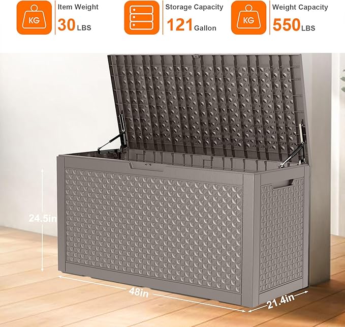 121 Gallon Resin Deck Box, Lockable Outdoor Storage Box for Patio Cushions Storage Furniture,Garden Tools, Pool Supplies, Weatherproof and UV Resistant (Grey)