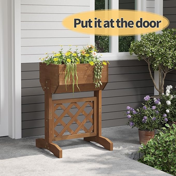 Raised Garden Bed with Diamond Lattice Trellis，Wood Planter Box Stand for Backyard, Patio, Balcony,Outdoors (Brown)