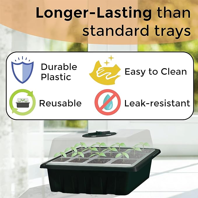 Seed Starter Tray, 10 Pack 12 Cell Seed Starter Kit with Humidity Dome, Reusable Plant Trays for Seedlings, Germination Kit with Humidity Strip for Plant Growing, Starter Pots for Planting