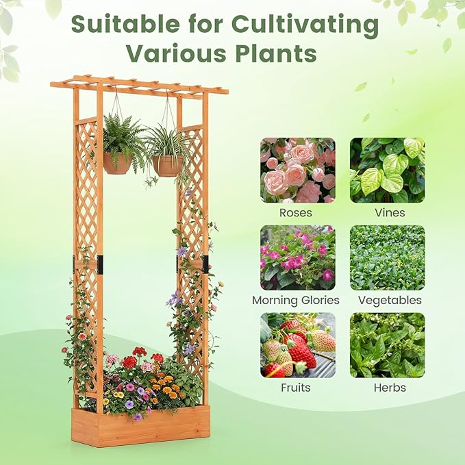 Giantex Wooden Raised Garden Bed with Trellis & Hanging Roof, 2 Pack Fir Wood Planter Box, 89” Freestanding Elevated Garden Bed for Outdoor Climbing Plants Vegetables Flowers, Patio & Balcony, Orange