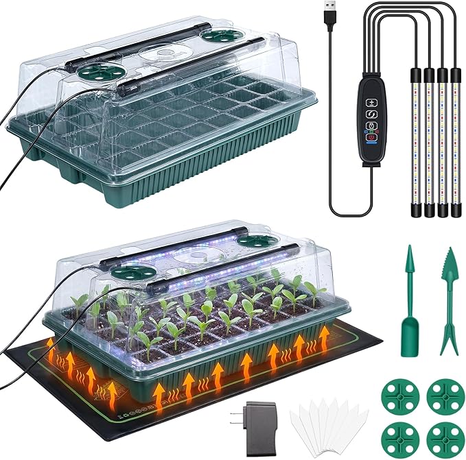 Biupky 2 Set 40-Cell Seed Starter Trays with 1 Set of Grow Light and 25 x 50 cm Seedling Heat Mat, 3.6" Higher Cover, Adjustable Vents, Drainage Holes, Green Propagation Tray for Planting Seeds