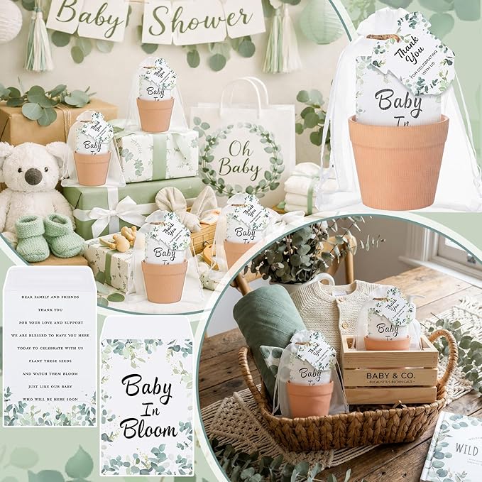 Ctosree 50 Sets Eucalyptus Leaf Baby in Bloom Baby Shower Seed Packets Favors for Guests Include Self Adhesive Seed Packets (No Seeds) Clay Plastic Flowerpot Thank You Tags Hemp Rope Organza Gift Bags
