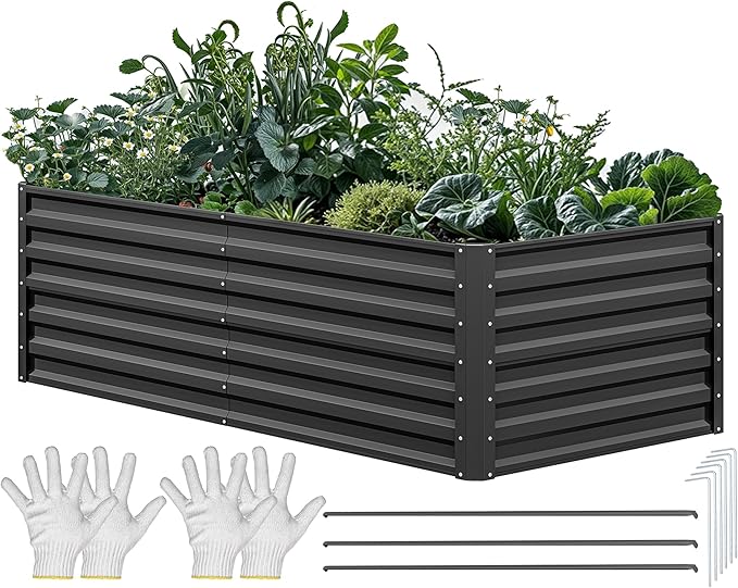 YITAHOME 6x3x2ft Raised Garden Bed Kit, Galvanized Raised Bed with Gloves & Support Rod, Outdoor Patio Planter Box for Plants Vegetables Flowers, Black