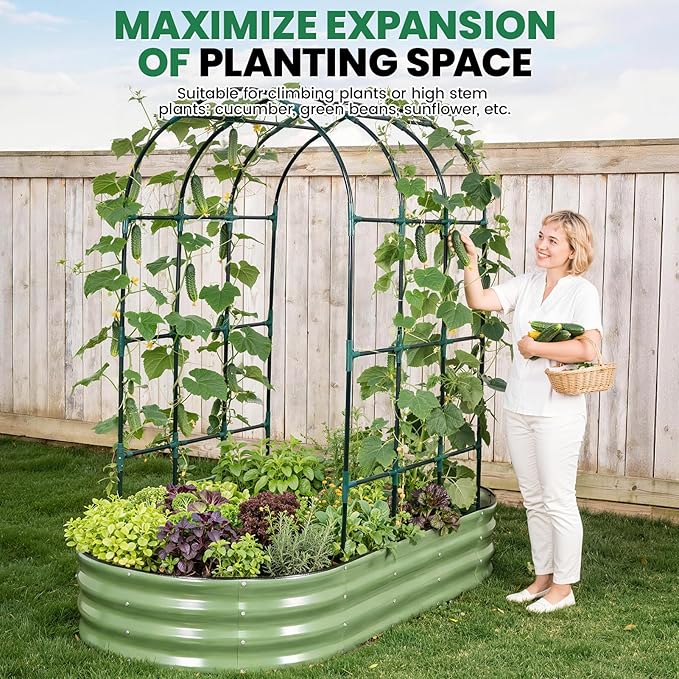 Galvanized Raised Garden Bed with Arched Trellis | 6x3x1FT Metal Raised Garden Beds Outdoor for Gardening Climbing Plant | Planter Box Outdoor with Gloves for Vegetable Flower, OliveGreen