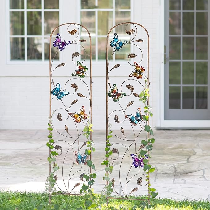 2 Pack Metal Garden Trellis with Colorful Butterfly 60 Inch High Outdoor Decoration Arched Fence Trellis for Climbing Plants for Patio, Lawn, Yard, Backyard, Wall Brackets