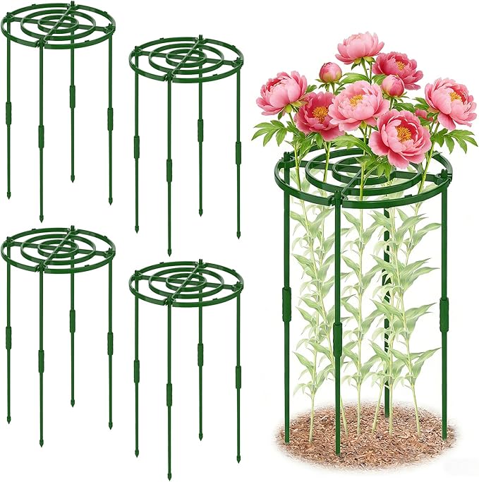 4 Pack Peony Cages and Supports, 11.8" D x 25" H Tall Plastic Plant Supports for Outdoor Plants, Peony Support Cage Flower Support Rings, Plant Support Ring for Rose Tomato Hydrangea Strawberry