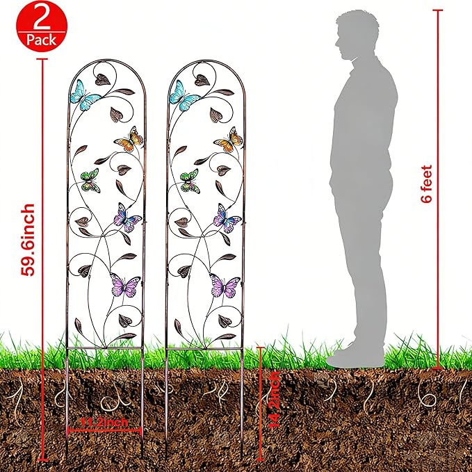 2 Pack Metal Garden Trellis with Colorful Butterfly, Outdoor Decoration Arched Fence Trellis for Climbing Plants for Patio, Backyard, Lawn, Wall Brackets