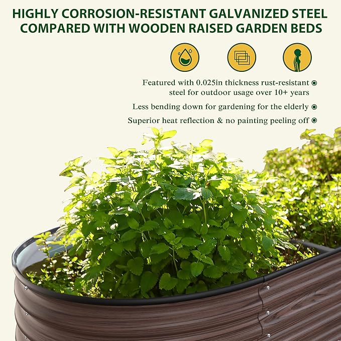 VEIKOU 8ftx2ftx2ft Raised Garden Bed Outdoor for Vegetables, 9-in-1 Galvanized Metal Planter Box with 2 Aluminum Support Bars, 23.1''H Modular Garden Bed Kit Oval for Herbs and Flowers, Rustic Brown