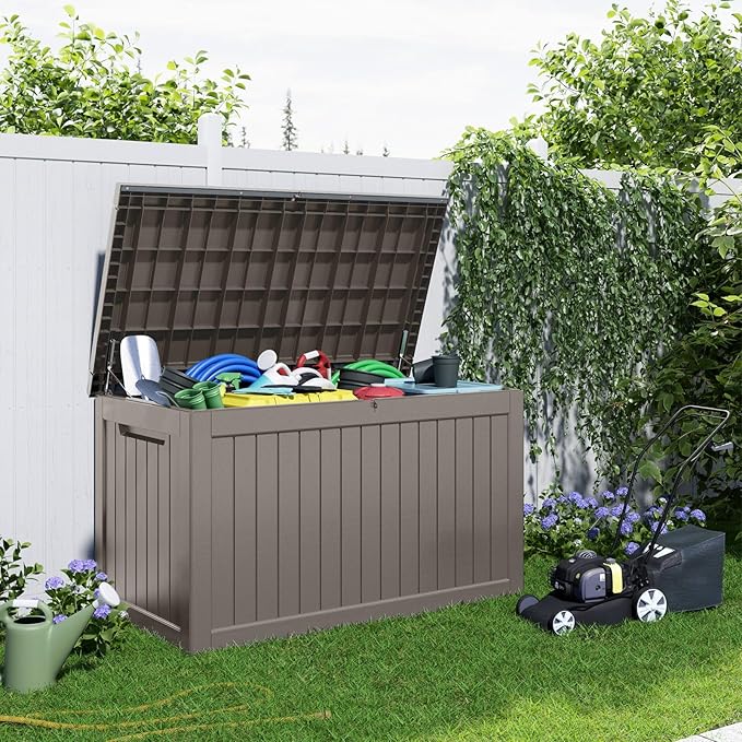 281 Gallon Large Resin Deck Box, Lockable Outdoor Storage Box for Patio Cushions Storage Furniture,Garden Tools, Pool Supplies, Weatherproof and UV Resistant (Grey)
