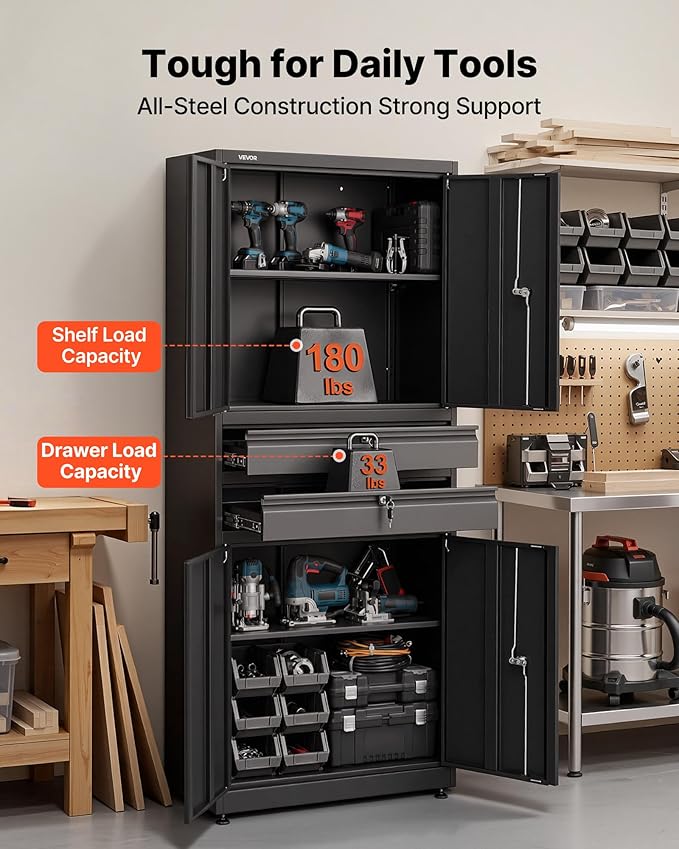VEVOR Metal Storage Cabinet, 180 lbs Shelf Load Capacity, 70.87" Tall Garage Tool Storage Cabinet with 4 Locking Doors and Adjustable Shelves, 2 Drawers, for Garage, Home, Office, Utility Room, Black