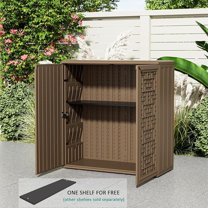 KINYING Outdoor Storage Cabinet Waterproof, Resin 62 Gallon Storage Box for Patio Furniture Cushions, Garden Tools, Pool Accessories (Dark Brown with 1 Shelving)