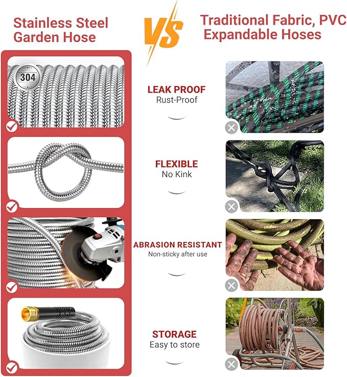 Lefree 100ft Metal Garden Hose - Heavy Duty 304 Stainless Steel Flexible Water Hose, No Kinks & Leak-Proof with Upgraded Handle, 10-Function Spray Nozzle & 4 Spare Gaskets for Yard, RV, Pet Bath